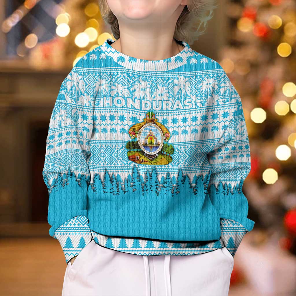 Honduras Christmas Kid Ugly Christmas Sweater with National Emblem Palm Trees and Snowflake Pattern Design - Wonder Print Shop