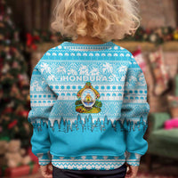 Honduras Christmas Kid Ugly Christmas Sweater with National Emblem Palm Trees and Snowflake Pattern Design - Wonder Print Shop