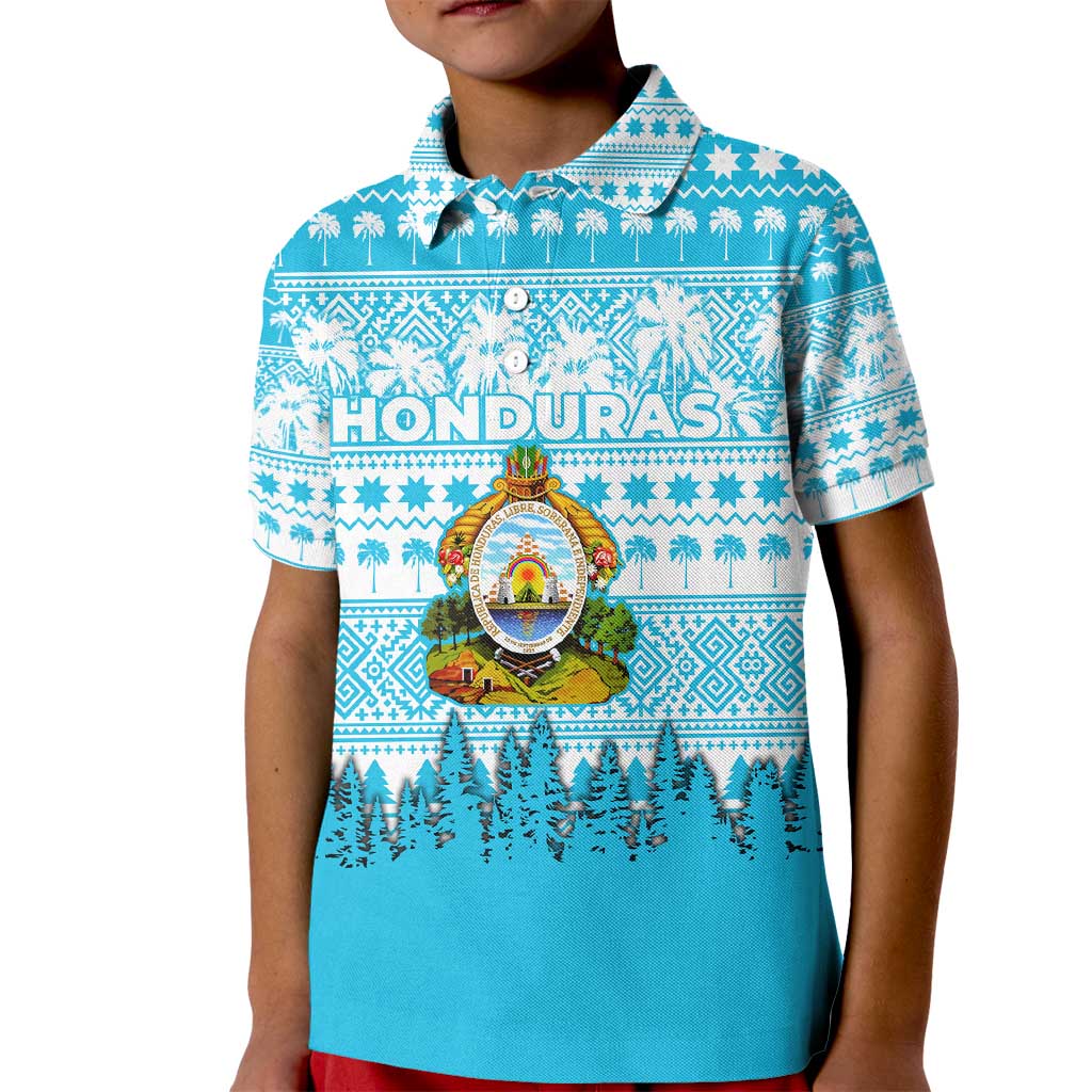 Honduras Christmas Kid Polo Shirt with National Emblem Palm Trees and Snowflake Pattern Design - Wonder Print Shop