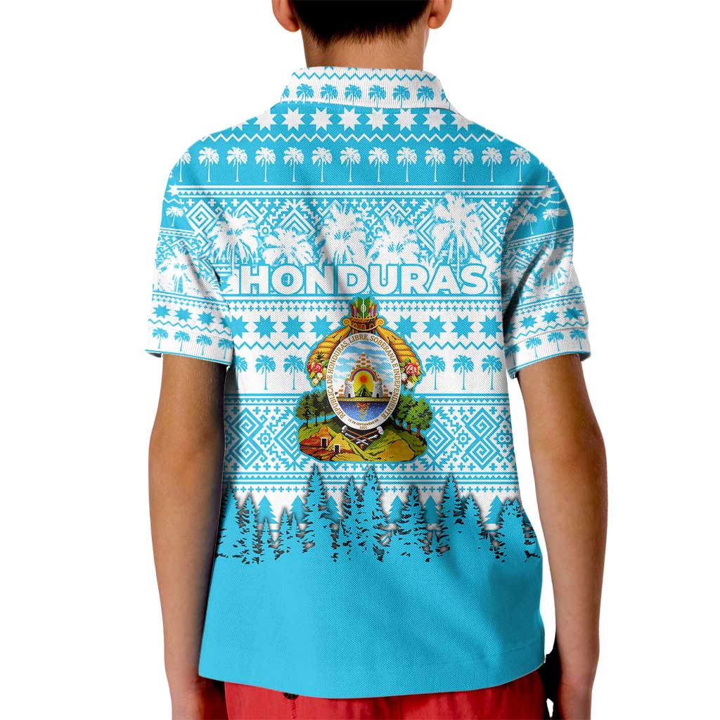 Honduras Christmas Kid Polo Shirt with National Emblem Palm Trees and Snowflake Pattern Design - Wonder Print Shop