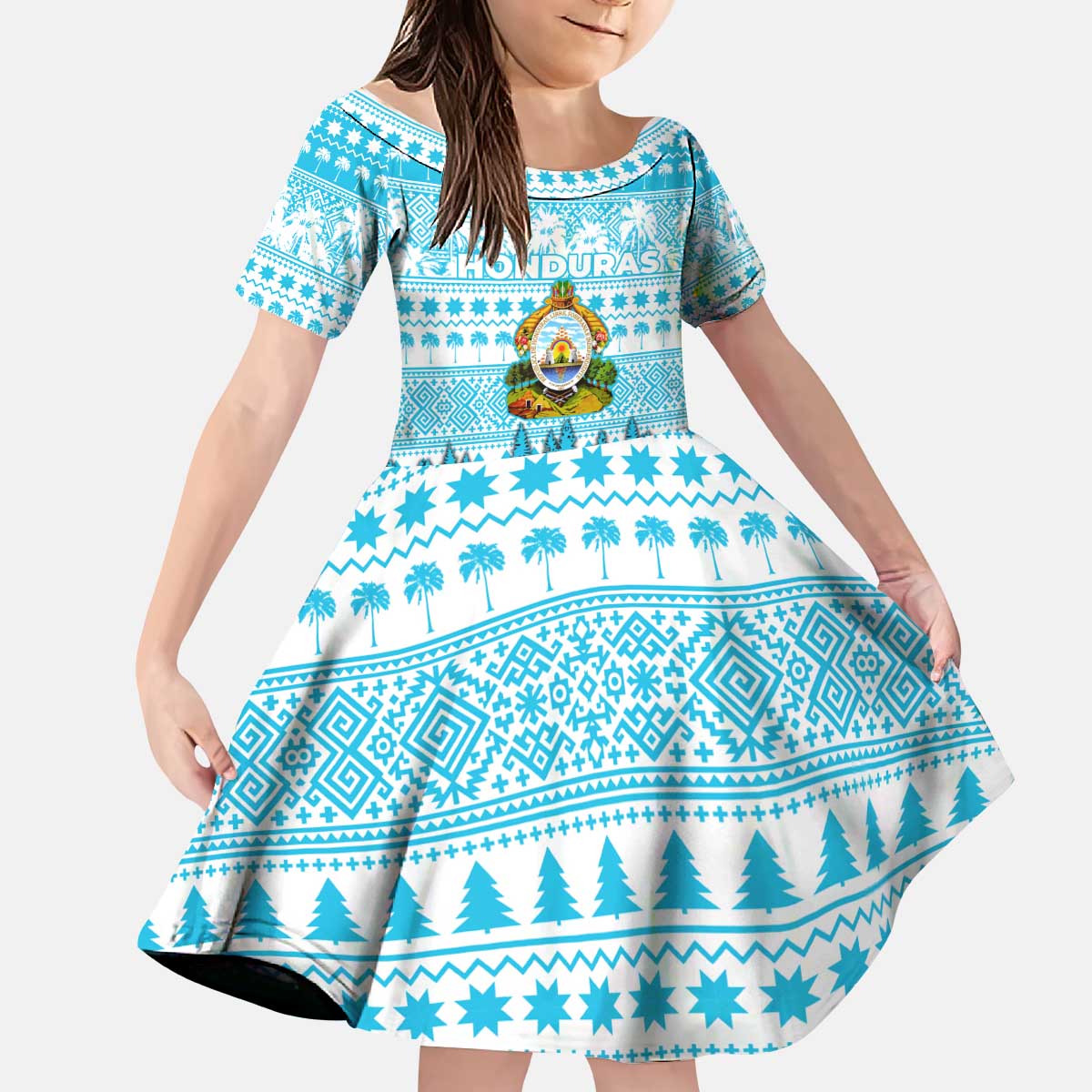 Honduras Christmas Kid Short Sleeve Dress with National Emblem Palm Trees and Snowflake Pattern Design - Wonder Print Shop