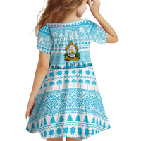 Honduras Christmas Kid Short Sleeve Dress with National Emblem Palm Trees and Snowflake Pattern Design - Wonder Print Shop