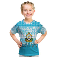 Honduras Christmas Kid T Shirt with National Emblem Palm Trees and Snowflake Pattern Design - Wonder Print Shop