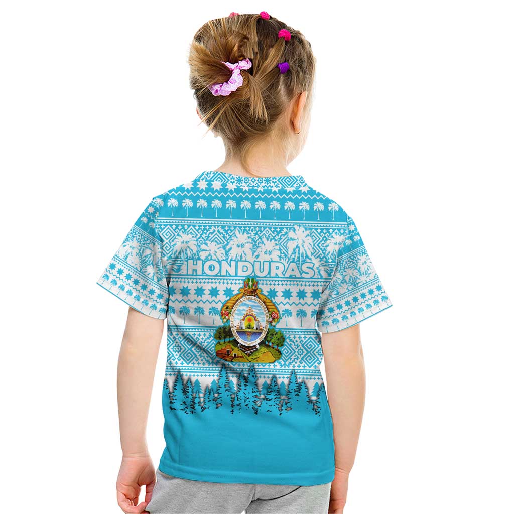 Honduras Christmas Kid T Shirt with National Emblem Palm Trees and Snowflake Pattern Design - Wonder Print Shop