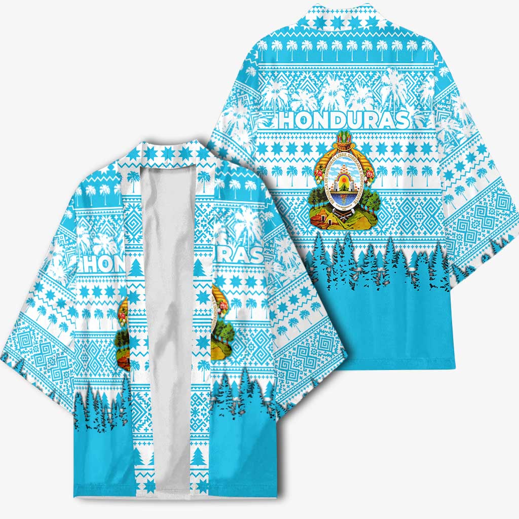 Honduras Christmas Kimono with National Emblem Palm Trees and Snowflake Pattern Design - Wonder Print Shop