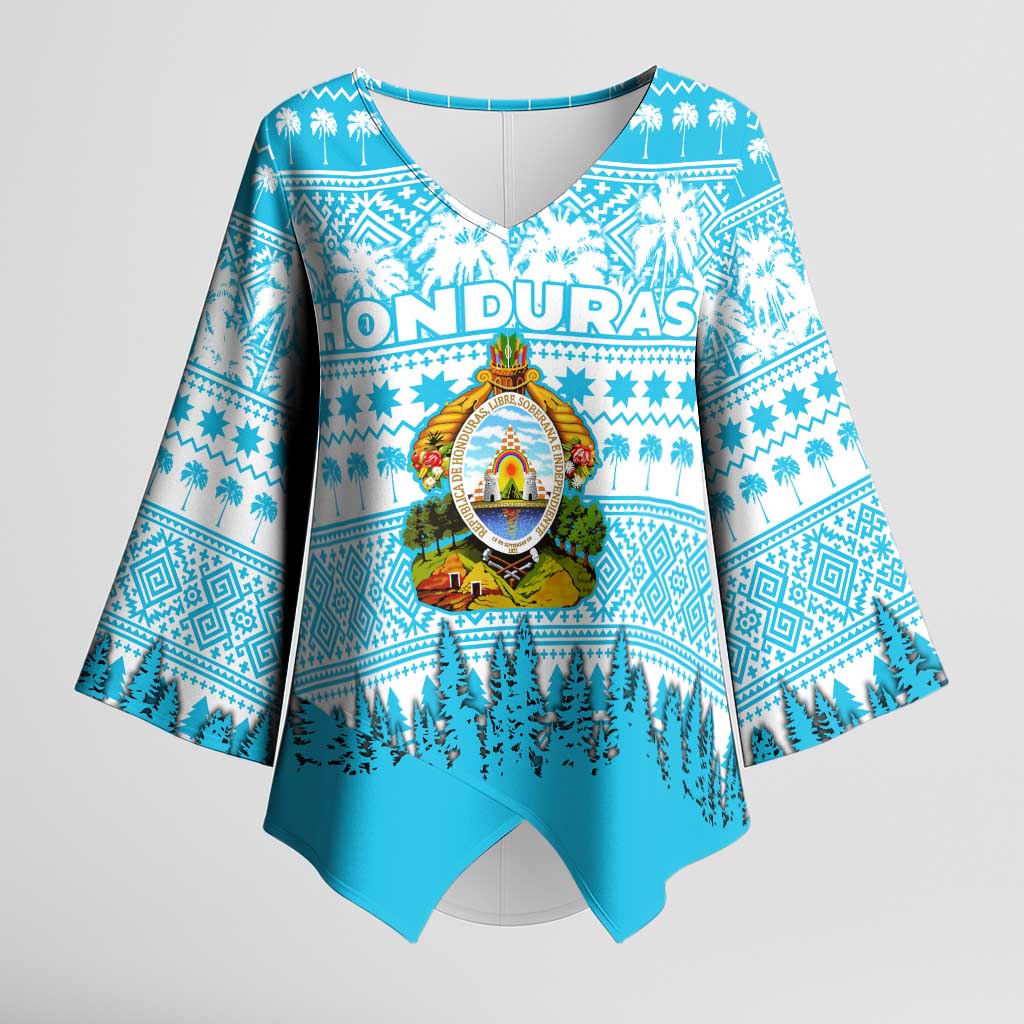 Honduras Christmas Kimono Sleeve Blouse with National Emblem Palm Trees and Snowflake Pattern Design - Wonder Print Shop