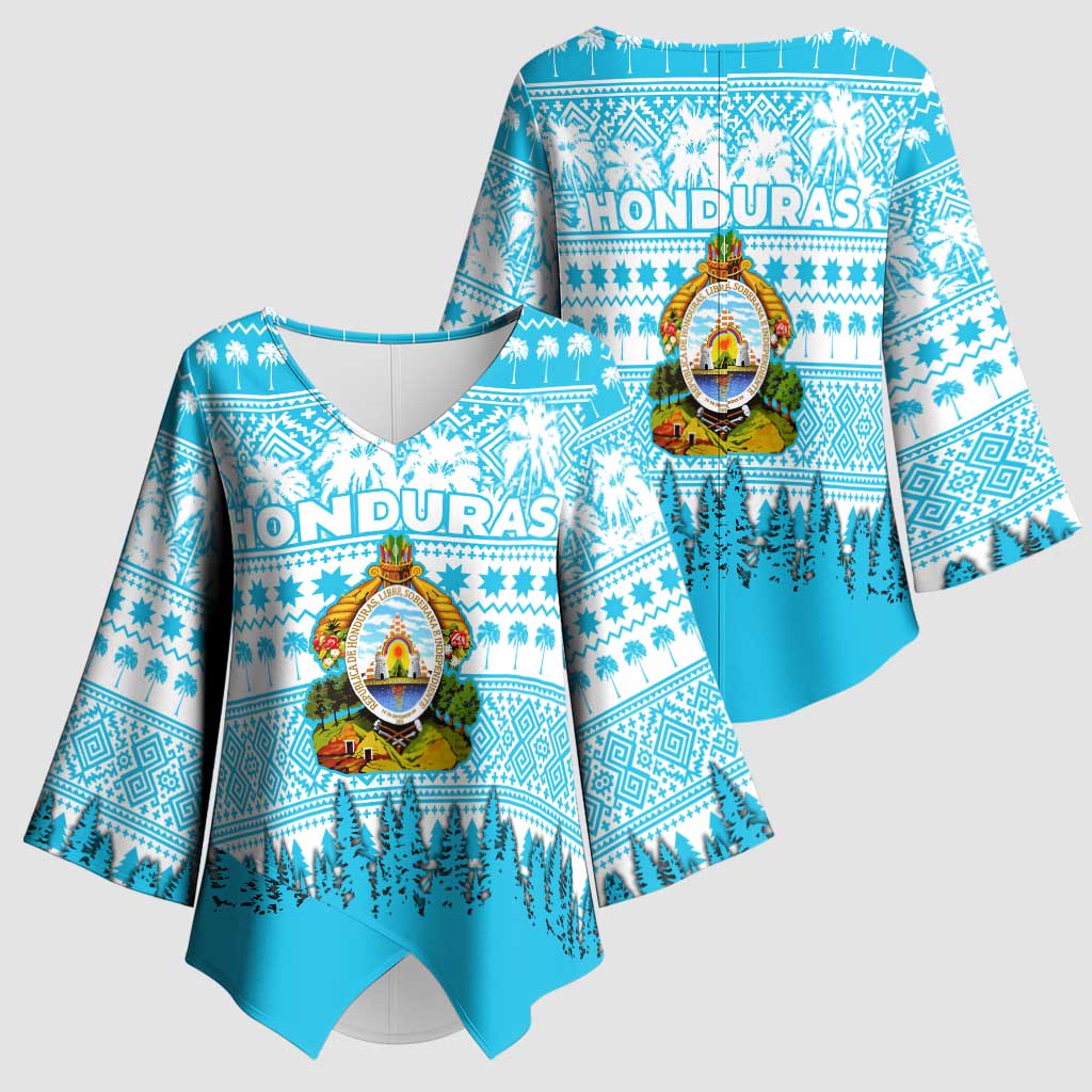 Honduras Christmas Kimono Sleeve Blouse with National Emblem Palm Trees and Snowflake Pattern Design - Wonder Print Shop