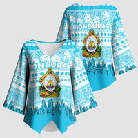 Honduras Christmas Kimono Sleeve Blouse with National Emblem Palm Trees and Snowflake Pattern Design - Wonder Print Shop