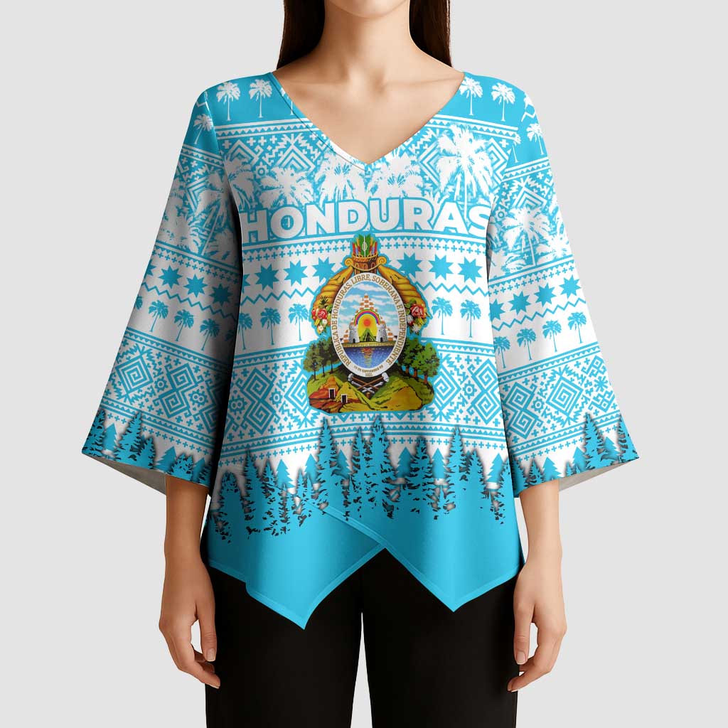 Honduras Christmas Kimono Sleeve Blouse with National Emblem Palm Trees and Snowflake Pattern Design - Wonder Print Shop
