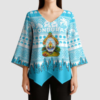 Honduras Christmas Kimono Sleeve Blouse with National Emblem Palm Trees and Snowflake Pattern Design - Wonder Print Shop