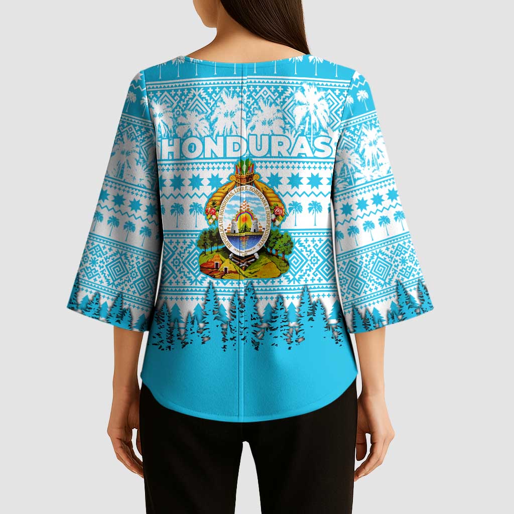 Honduras Christmas Kimono Sleeve Blouse with National Emblem Palm Trees and Snowflake Pattern Design - Wonder Print Shop