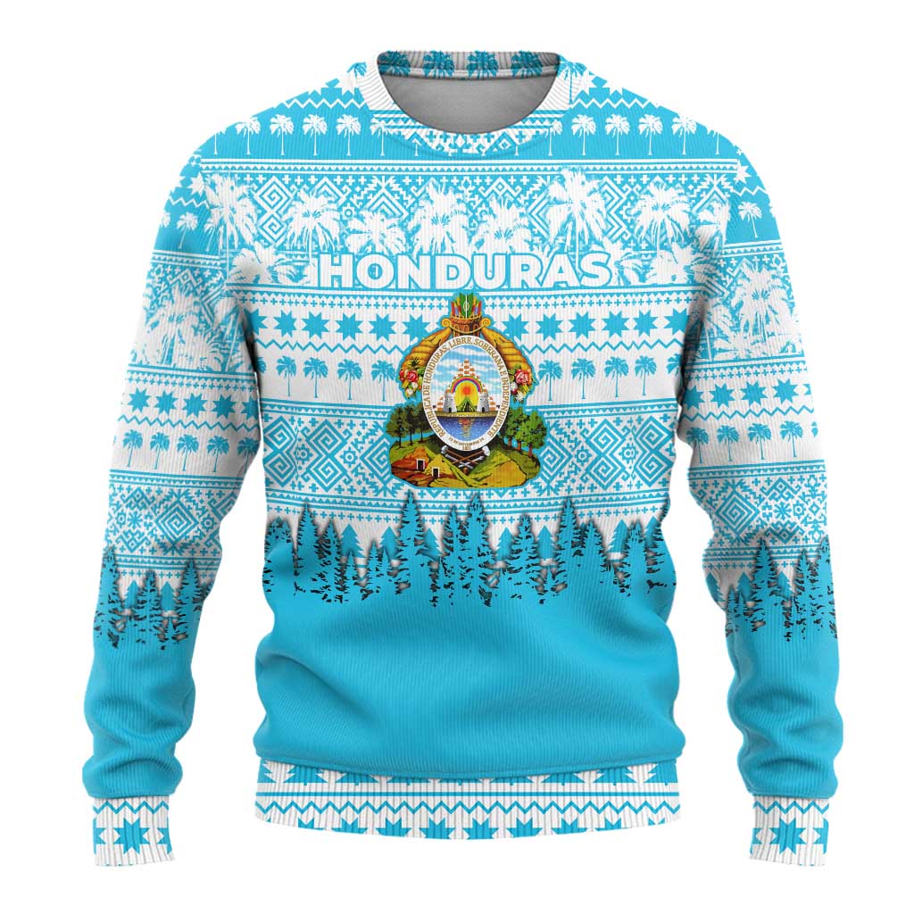 Honduras Christmas Ugly Christmas Sweater with National Emblem Palm Trees and Snowflake Pattern Design - Wonder Print Shop