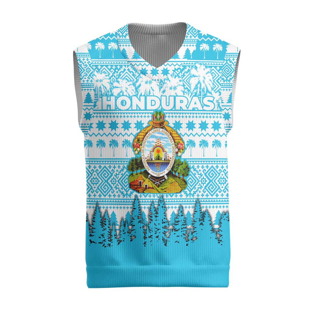 Honduras Christmas Knitted V-Neck Vest with National Emblem Palm Trees and Snowflake Pattern Design - Wonder Print Shop