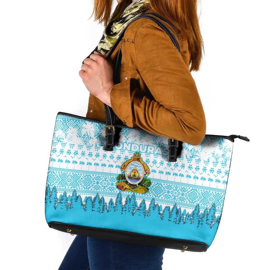 Honduras Christmas Leather Tote Bag with National Emblem Palm Trees and Snowflake Pattern Design - Wonder Print Shop