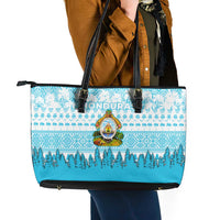 Honduras Christmas Leather Tote Bag with National Emblem Palm Trees and Snowflake Pattern Design - Wonder Print Shop