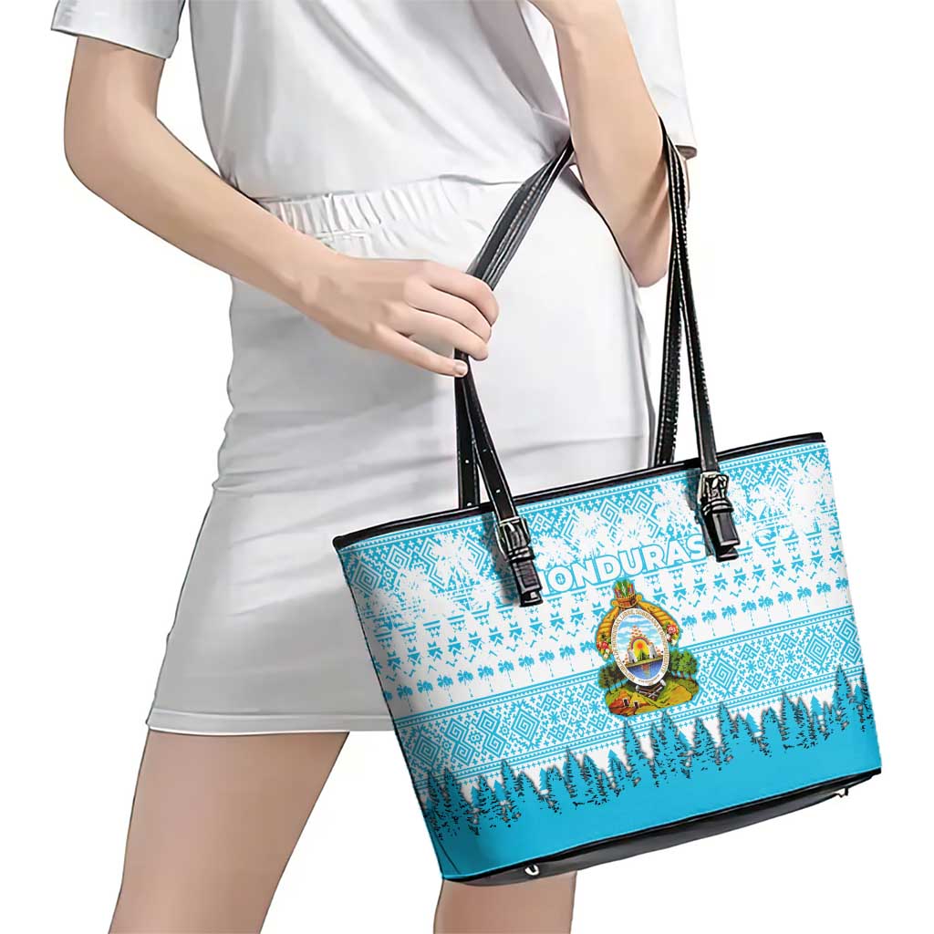 Honduras Christmas Leather Tote Bag with National Emblem Palm Trees and Snowflake Pattern Design - Wonder Print Shop