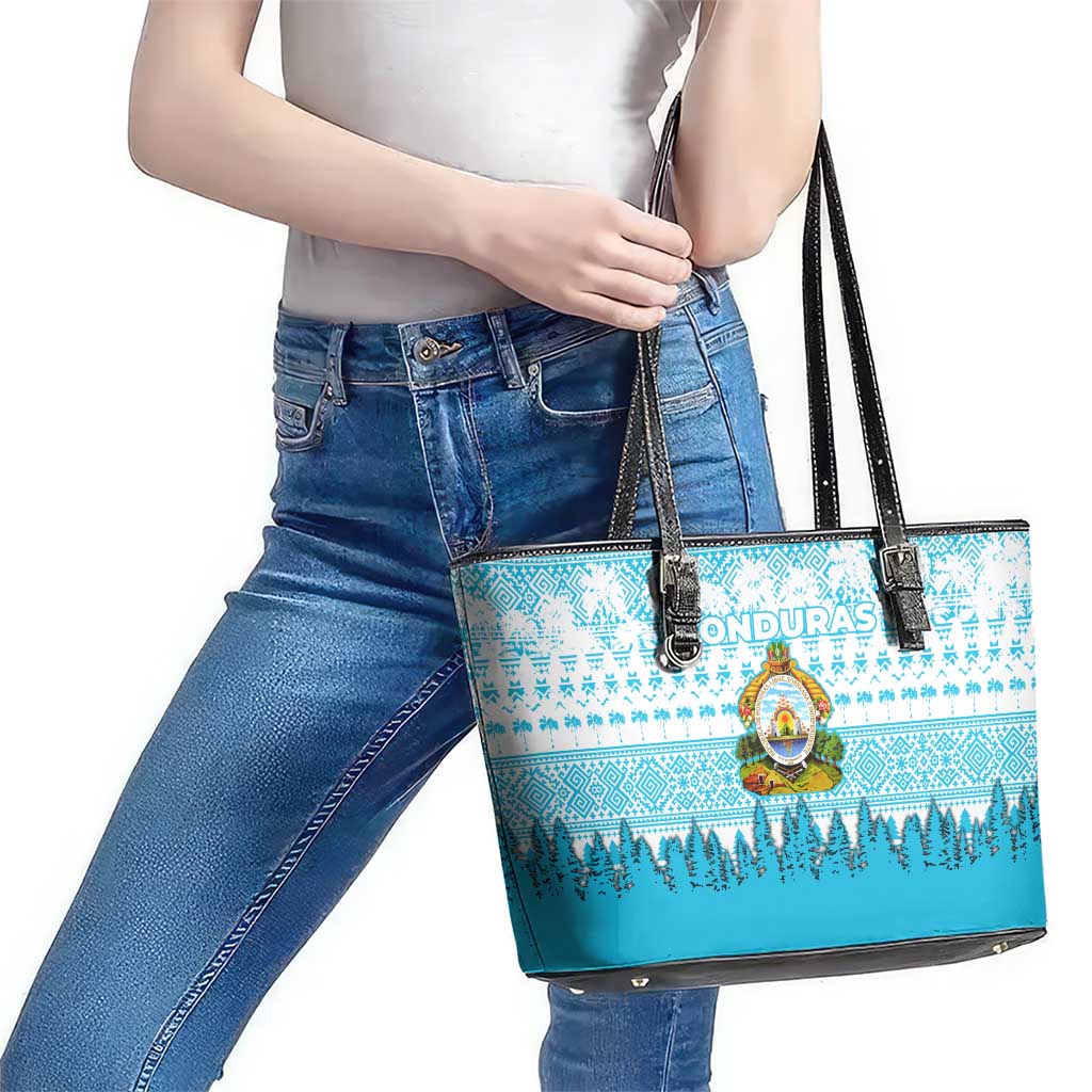 Honduras Christmas Leather Tote Bag with National Emblem Palm Trees and Snowflake Pattern Design - Wonder Print Shop