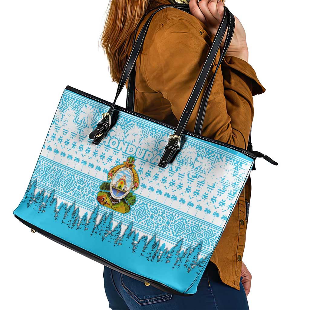 Honduras Christmas Leather Tote Bag with National Emblem Palm Trees and Snowflake Pattern Design - Wonder Print Shop