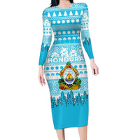 Honduras Christmas Long Sleeve Bodycon Dress with National Emblem Palm Trees and Snowflake Pattern Design - Wonder Print Shop