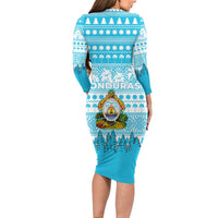 Honduras Christmas Long Sleeve Bodycon Dress with National Emblem Palm Trees and Snowflake Pattern Design - Wonder Print Shop