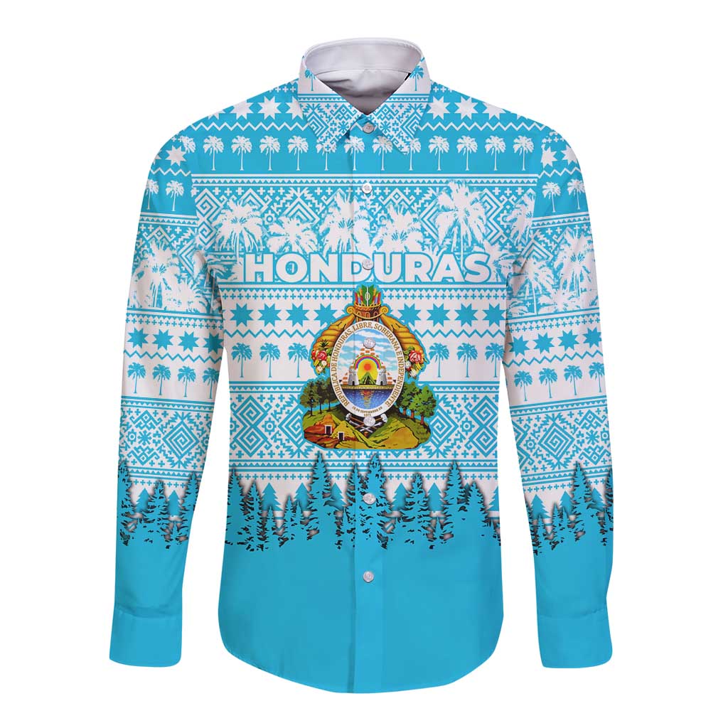 Honduras Christmas Long Sleeve Button Shirt with National Emblem Palm Trees and Snowflake Pattern Design - Wonder Print Shop