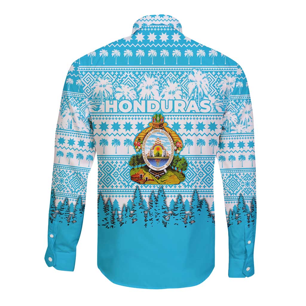 Honduras Christmas Long Sleeve Button Shirt with National Emblem Palm Trees and Snowflake Pattern Design - Wonder Print Shop