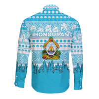 Honduras Christmas Long Sleeve Button Shirt with National Emblem Palm Trees and Snowflake Pattern Design - Wonder Print Shop