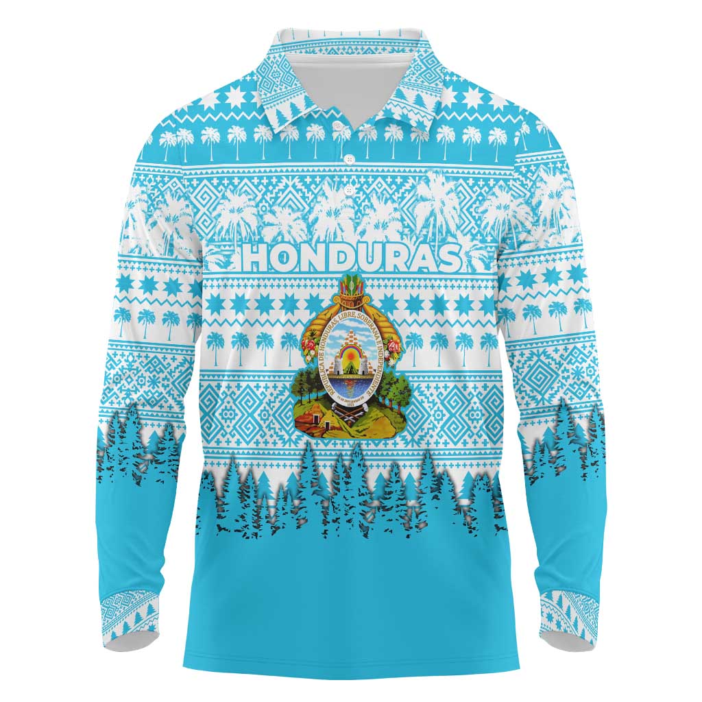 Honduras Christmas Long Sleeve Polo Shirt with National Emblem Palm Trees and Snowflake Pattern Design - Wonder Print Shop