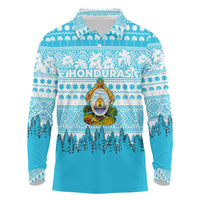 Honduras Christmas Long Sleeve Polo Shirt with National Emblem Palm Trees and Snowflake Pattern Design - Wonder Print Shop