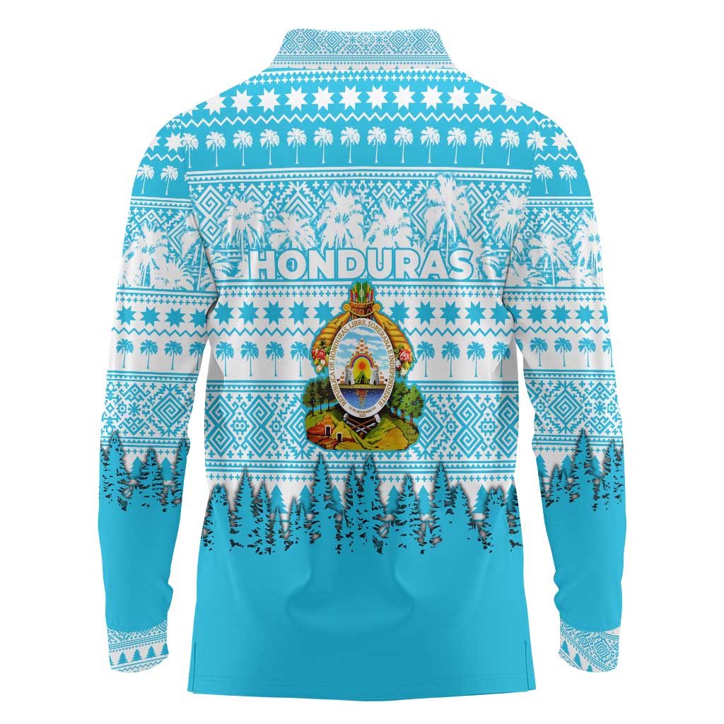 Honduras Christmas Long Sleeve Polo Shirt with National Emblem Palm Trees and Snowflake Pattern Design - Wonder Print Shop
