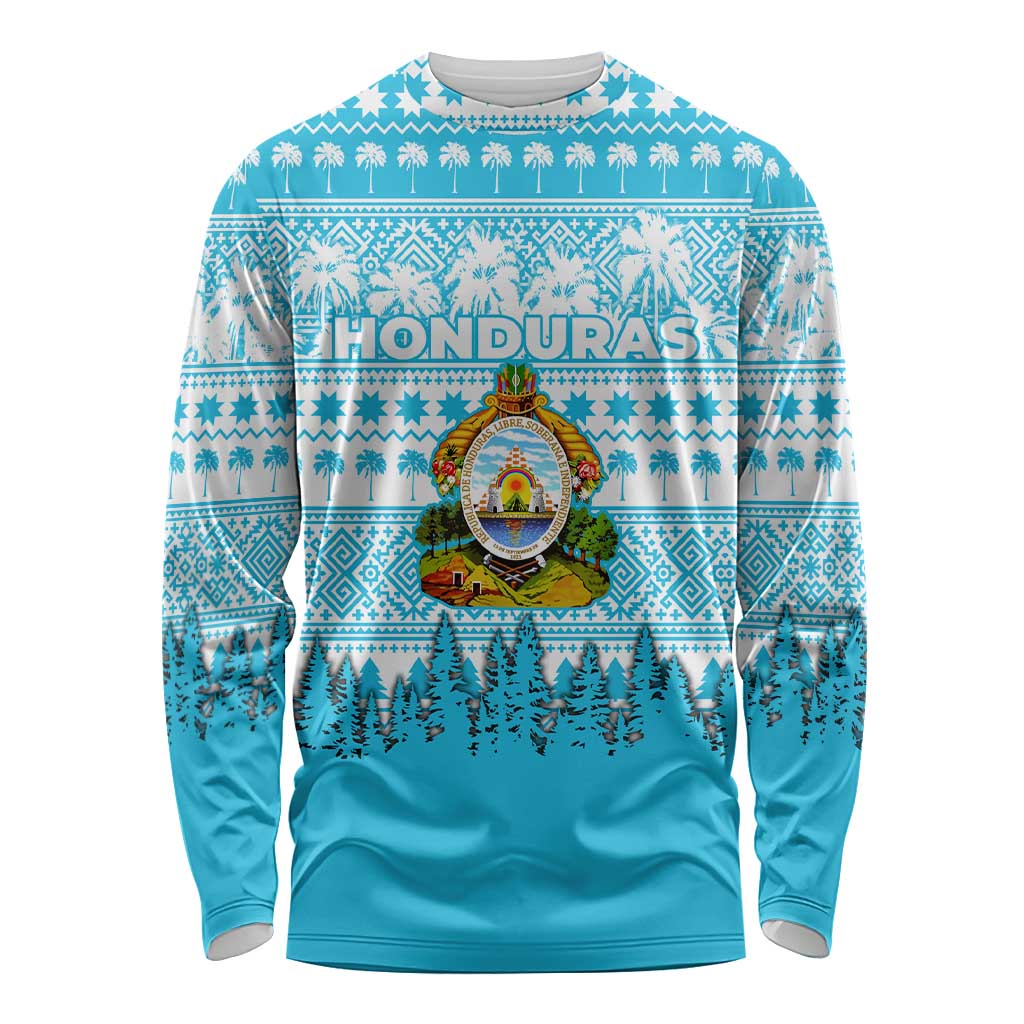 Honduras Christmas Long Sleeve Shirt with National Emblem Palm Trees and Snowflake Pattern Design - Wonder Print Shop