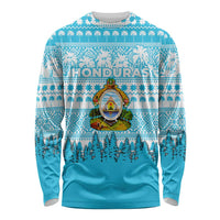 Honduras Christmas Long Sleeve Shirt with National Emblem Palm Trees and Snowflake Pattern Design - Wonder Print Shop