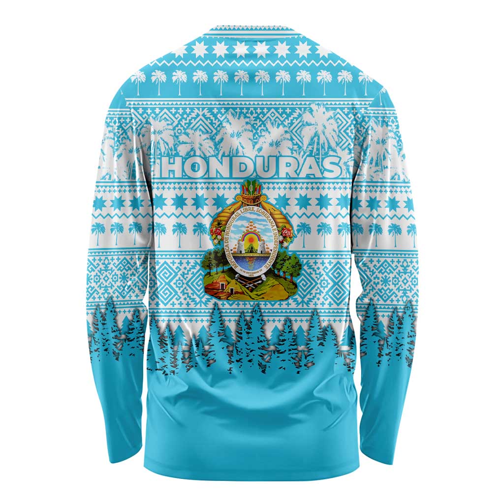 Honduras Christmas Long Sleeve Shirt with National Emblem Palm Trees and Snowflake Pattern Design - Wonder Print Shop