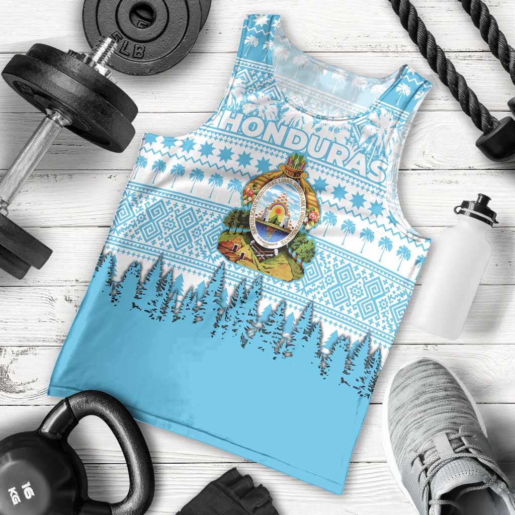 Honduras Christmas Men Tank Top with National Emblem Palm Trees and Snowflake Pattern Design - Wonder Print Shop