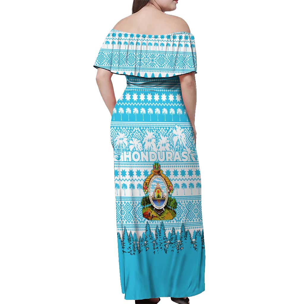 Honduras Christmas Off Shoulder Maxi Dress with National Emblem Palm Trees and Snowflake Pattern Design - Wonder Print Shop