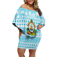 Honduras Christmas Off Shoulder Short Dress with National Emblem Palm Trees and Snowflake Pattern Design - Wonder Print Shop
