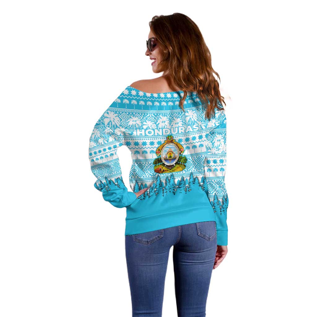 Honduras Christmas Off Shoulder Sweater with National Emblem Palm Trees and Snowflake Pattern Design - Wonder Print Shop