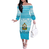Honduras Christmas Off The Shoulder Long Sleeve Dress with National Emblem Palm Trees and Snowflake Pattern Design - Wonder Print Shop