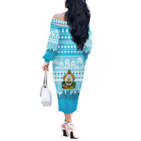 Honduras Christmas Off The Shoulder Long Sleeve Dress with National Emblem Palm Trees and Snowflake Pattern Design - Wonder Print Shop