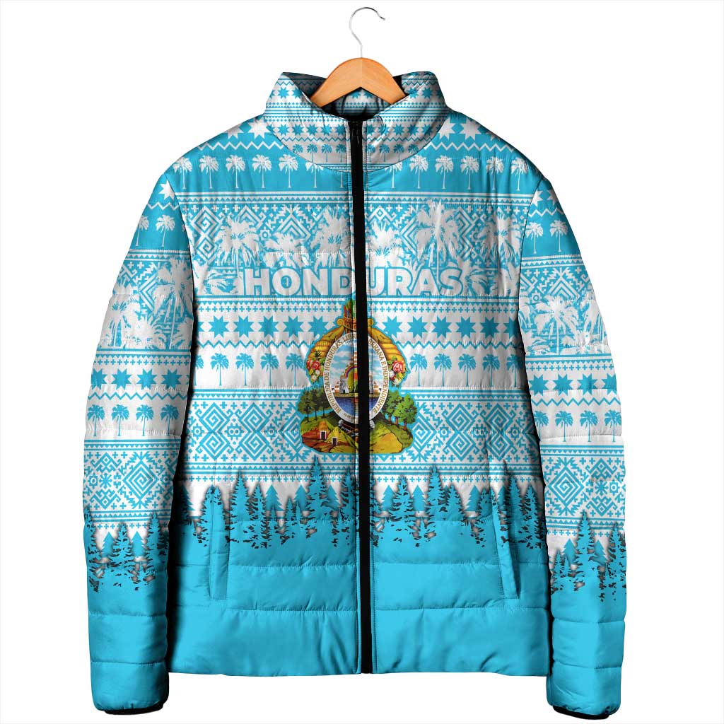 Honduras Christmas Padded Jacket with National Emblem Palm Trees and Snowflake Pattern Design - Wonder Print Shop