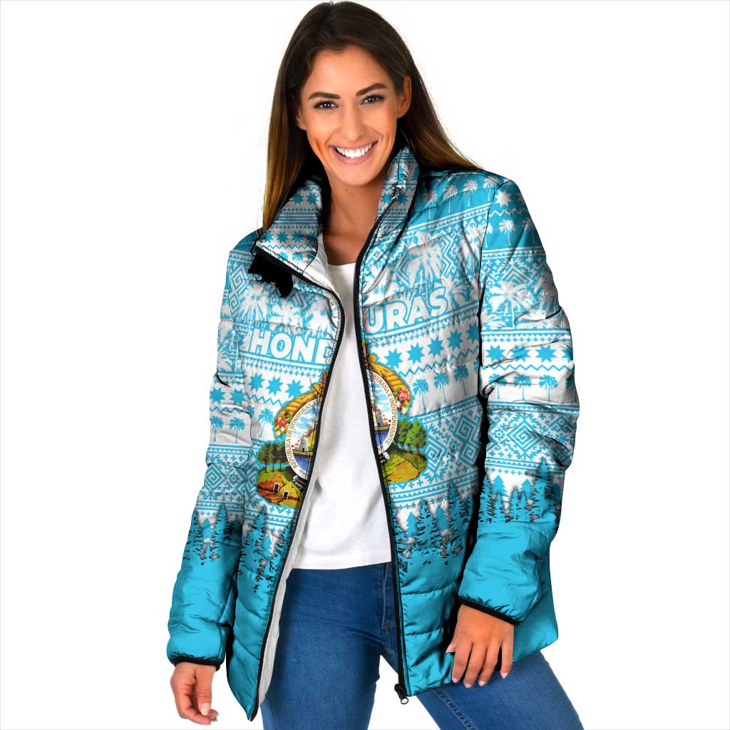Honduras Christmas Padded Jacket with National Emblem Palm Trees and Snowflake Pattern Design - Wonder Print Shop