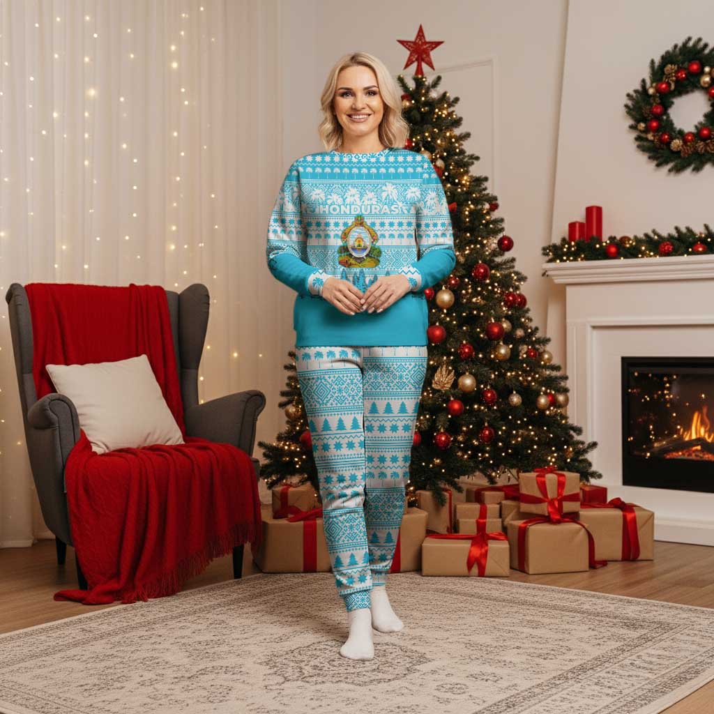 Honduras Christmas Pajama Set with National Emblem Palm Trees and Snowflake Pattern Design - Wonder Print Shop