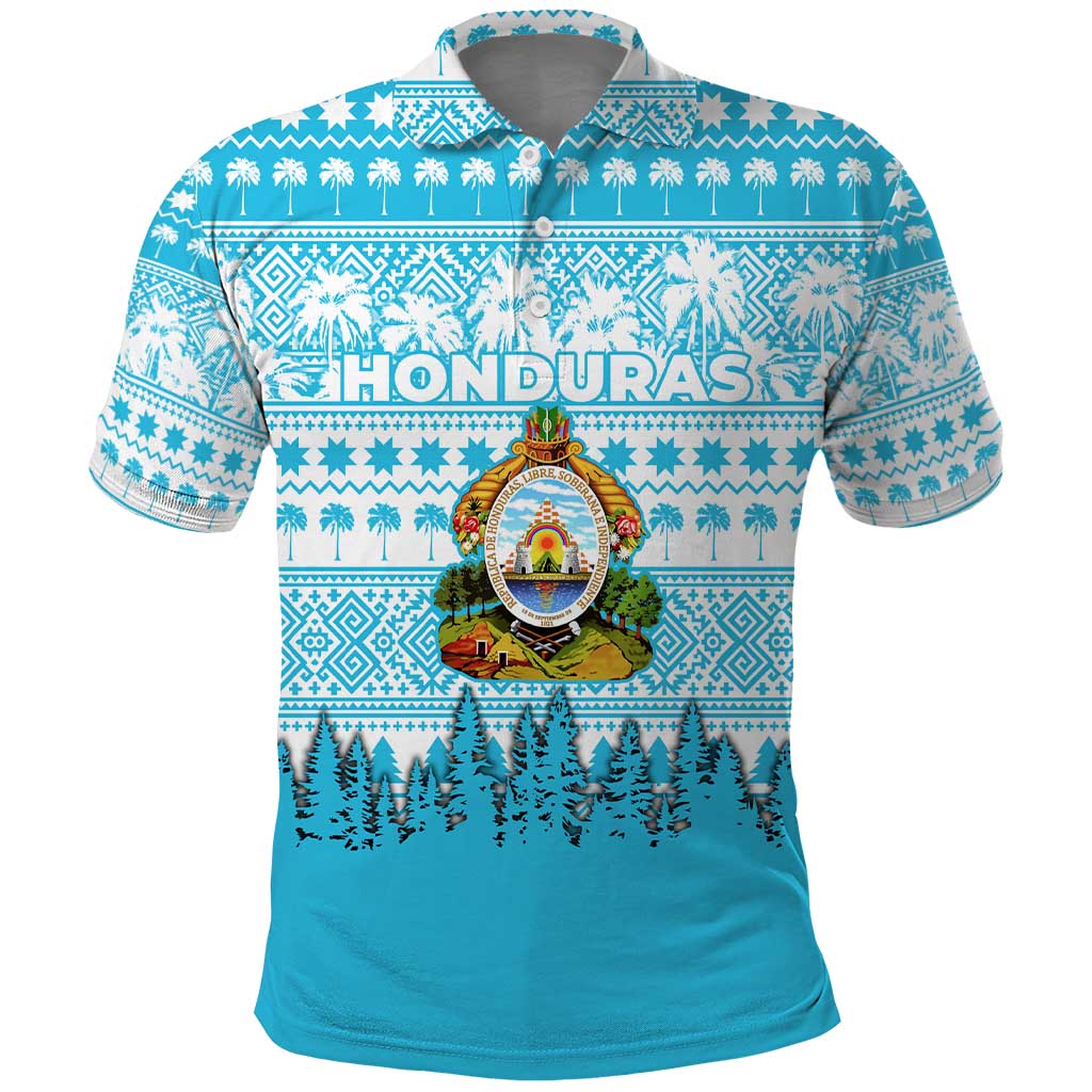 Honduras Christmas Polo Shirt with National Emblem Palm Trees and Snowflake Pattern Design - Wonder Print Shop