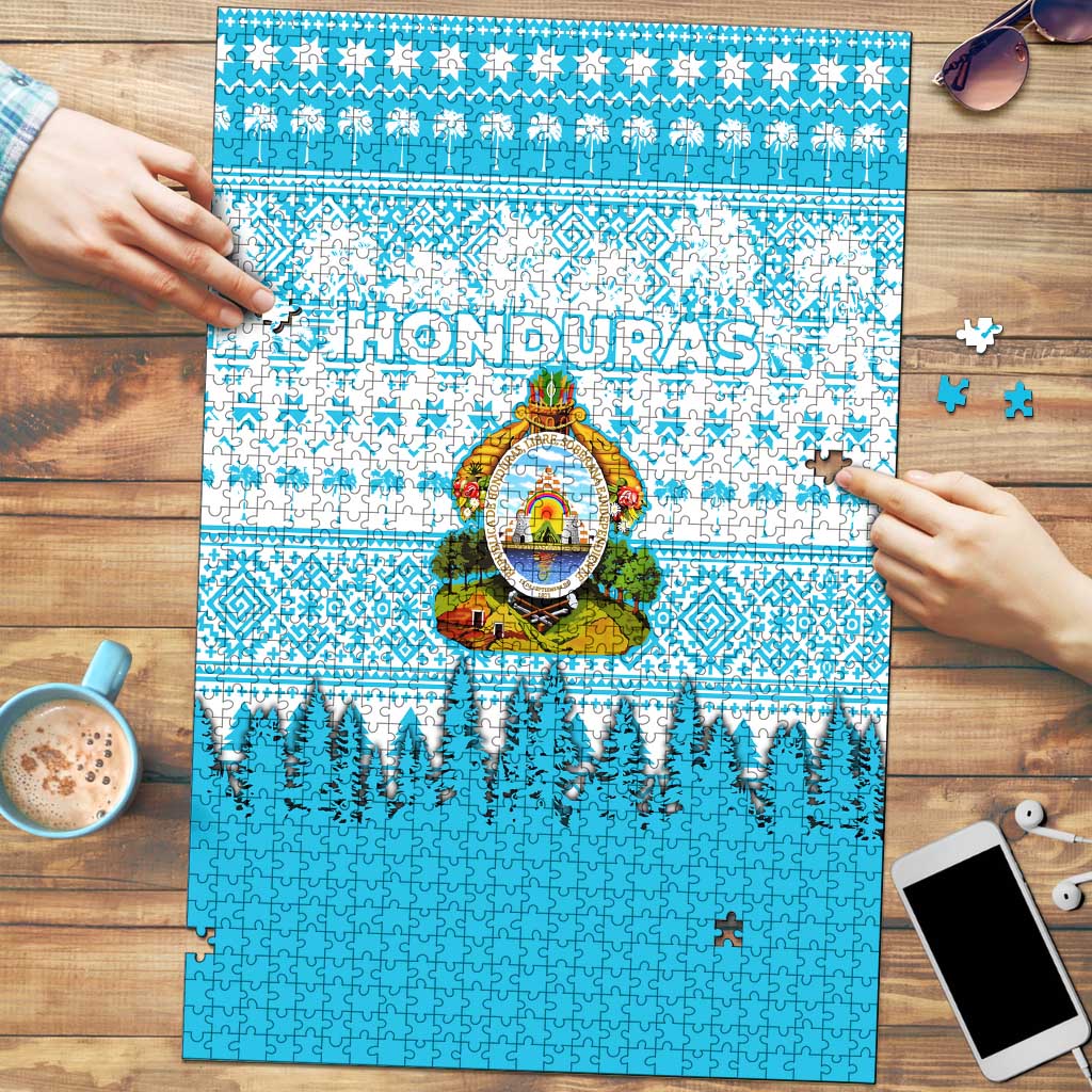 Honduras Christmas Puzzle with National Emblem Palm Trees and Snowflake Pattern Design - Wonder Print Shop