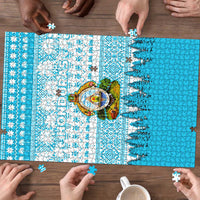 Honduras Christmas Puzzle with National Emblem Palm Trees and Snowflake Pattern Design - Wonder Print Shop