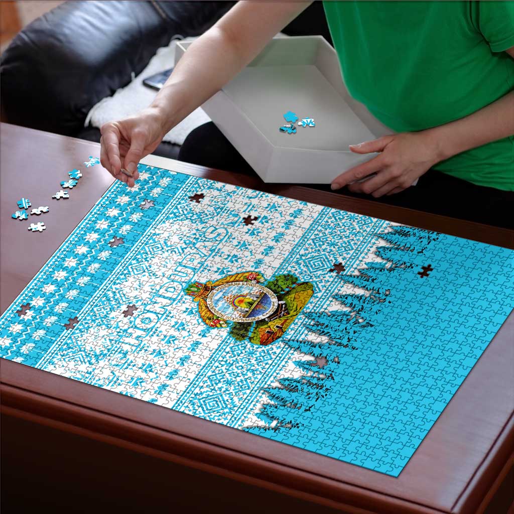 Honduras Christmas Puzzle with National Emblem Palm Trees and Snowflake Pattern Design - Wonder Print Shop