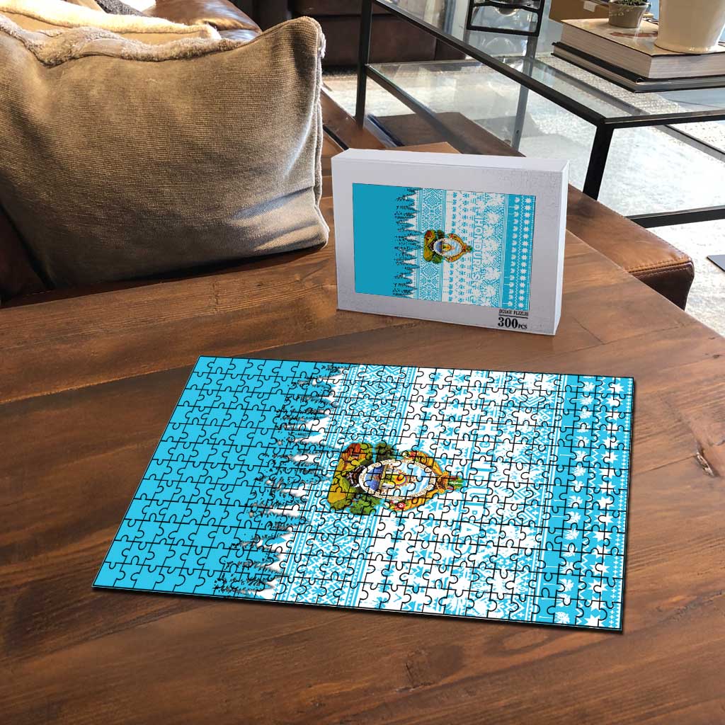 Honduras Christmas Puzzle with National Emblem Palm Trees and Snowflake Pattern Design - Wonder Print Shop