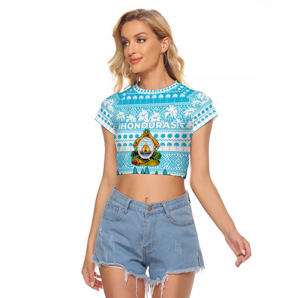 Honduras Christmas Raglan Cropped T Shirt with National Emblem Palm Trees and Snowflake Pattern Design - Wonder Print Shop