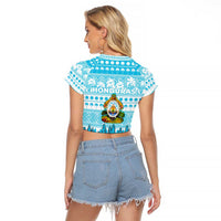 Honduras Christmas Raglan Cropped T Shirt with National Emblem Palm Trees and Snowflake Pattern Design - Wonder Print Shop