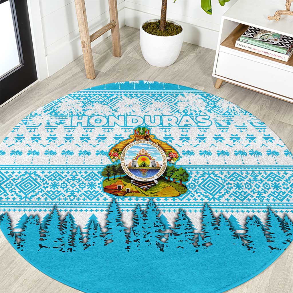 Honduras Christmas Round Carpet with National Emblem Palm Trees and Snowflake Pattern Design - Wonder Print Shop